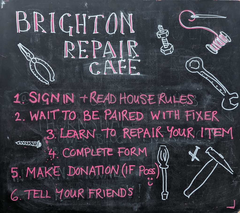 1) Sign in & read house rules
2) Wait to be paired with fixer
3) Learn to repair your item
4) Complete form
5) Make donation (if poss)